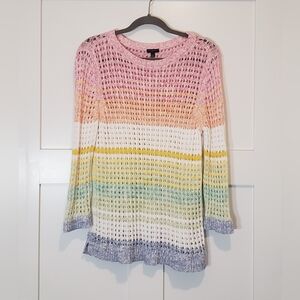 Talbots Open Stitch Cotton Pullover Knit Sweater Pastel Stripes Size Large Petit